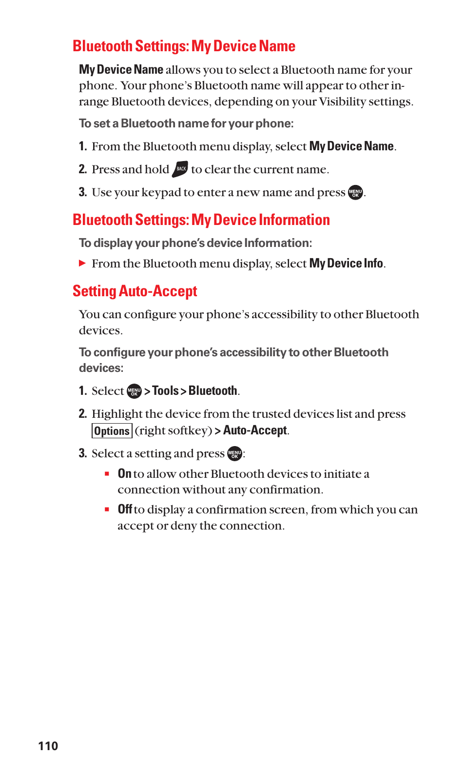 Bluetooth settings: my device name, Bluetooth settings: my device information, Setting auto-accept | Sanyo SCP-7050 User Manual | Page 118 / 139