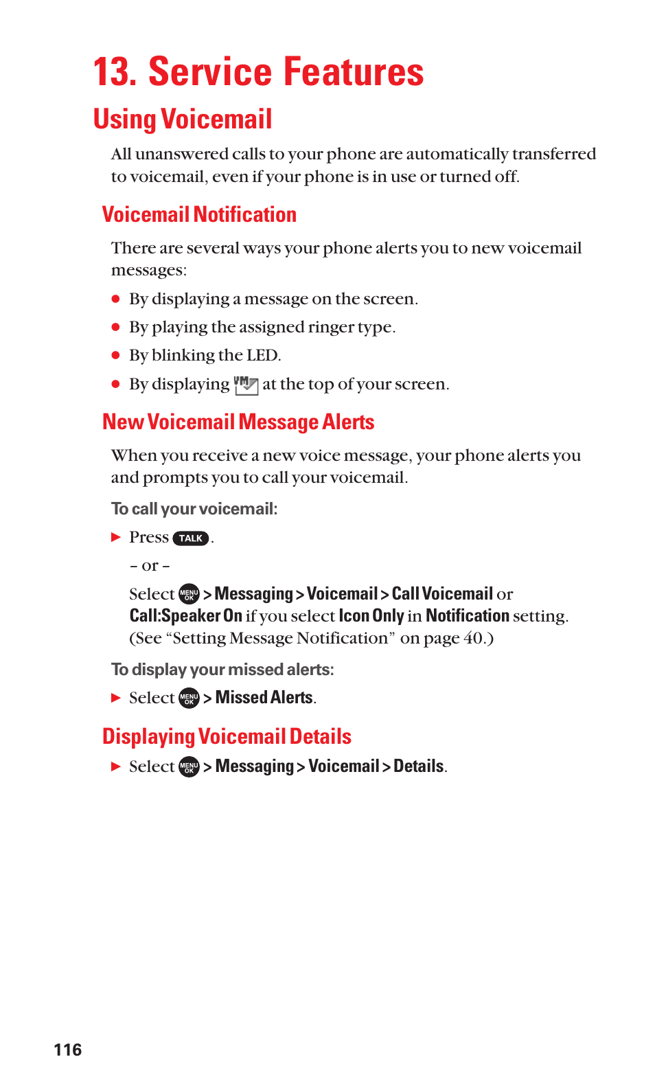 Service features, Using voicemail, Voicemail notification | New voicemail message alerts, Displaying voicemail details | Sanyo SCP-7050 User Manual | Page 124 / 139