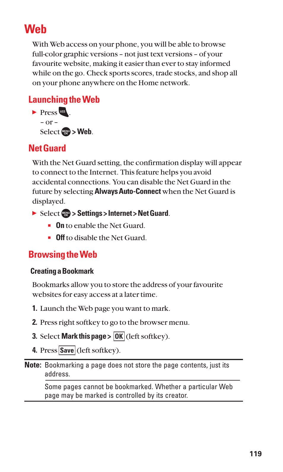 Launching the web, Net guard, Browsing the web | Sanyo SCP-7050 User Manual | Page 127 / 139