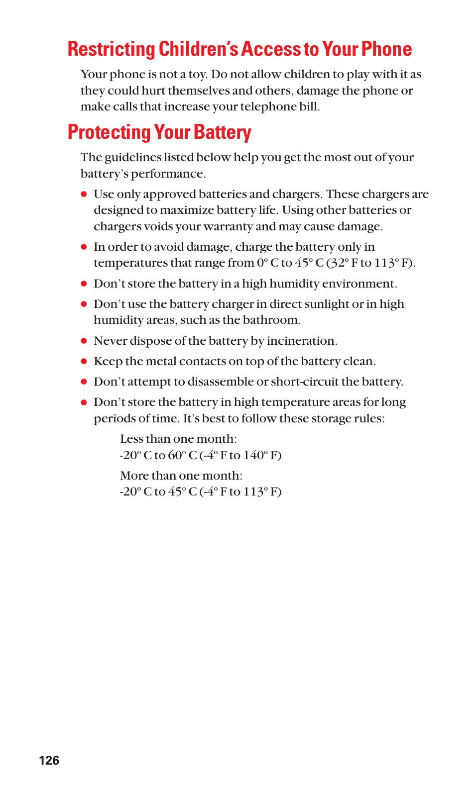 Restricting children’s access to your phone, Protecting your battery | Sanyo SCP-7050 User Manual | Page 134 / 139