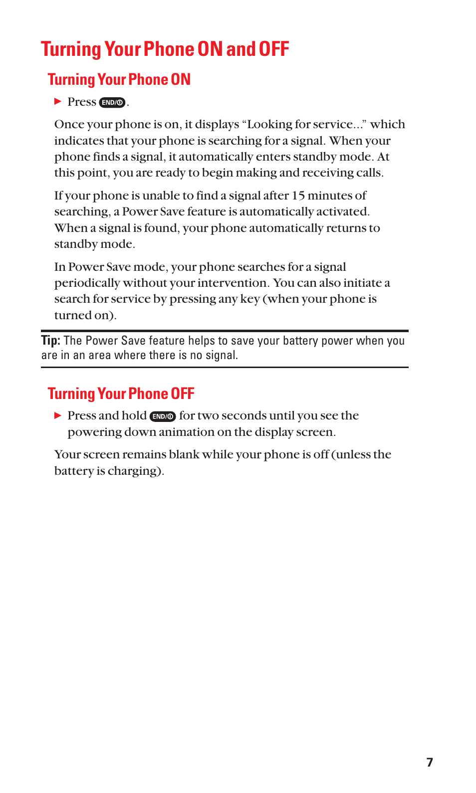 Turning your phone on and off, Turning your phone on, Turning your phone off | Sanyo SCP-7050 User Manual | Page 15 / 139