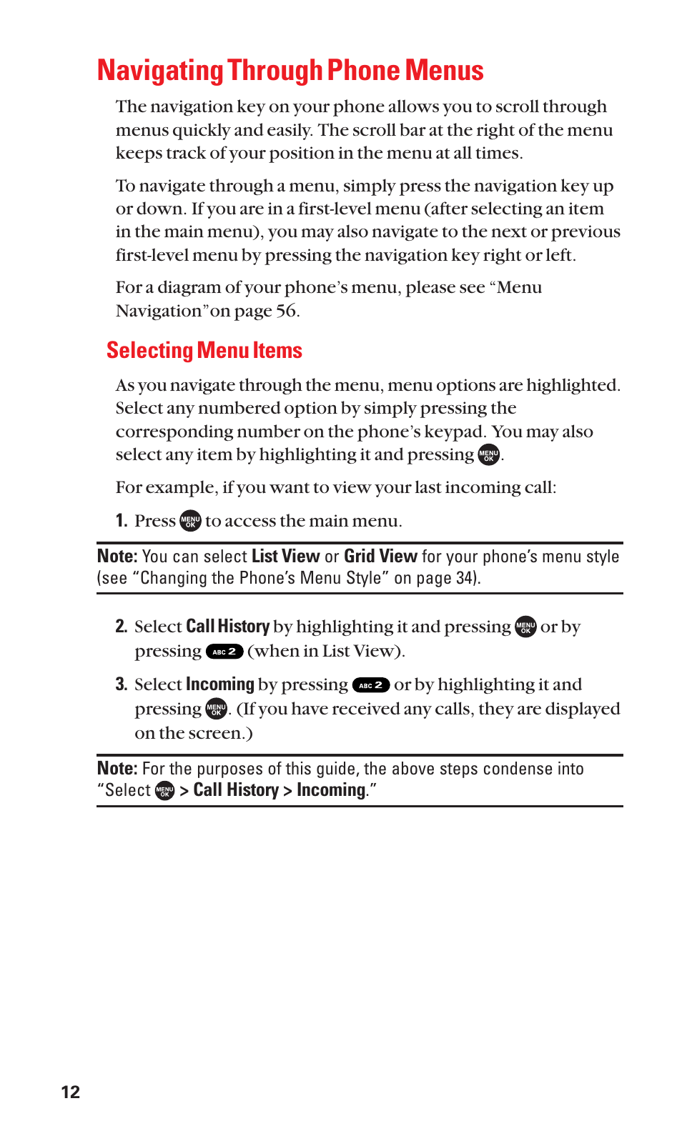 Navigating through phone menus, Selecting menu items | Sanyo SCP-7050 User Manual | Page 20 / 139