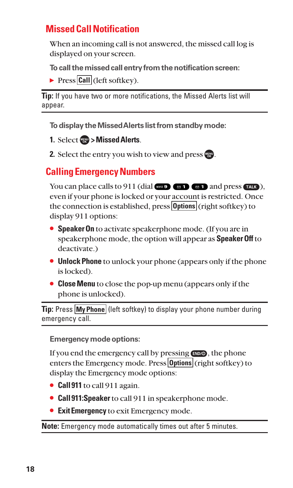 Missed call notification, Calling emergency numbers | Sanyo SCP-7050 User Manual | Page 26 / 139