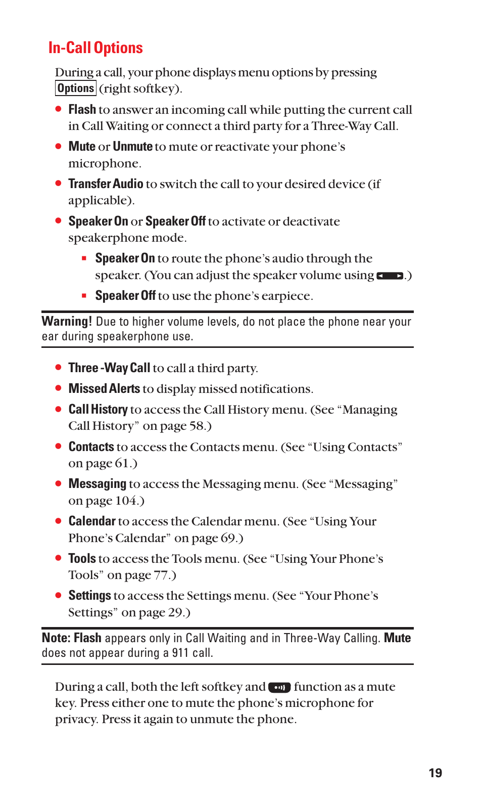 In-call options, Speaker off to use the phone’s earpiece. warning, Three -way call to call a third party | Missed alerts to display missed notifications, Mute | Sanyo SCP-7050 User Manual | Page 27 / 139