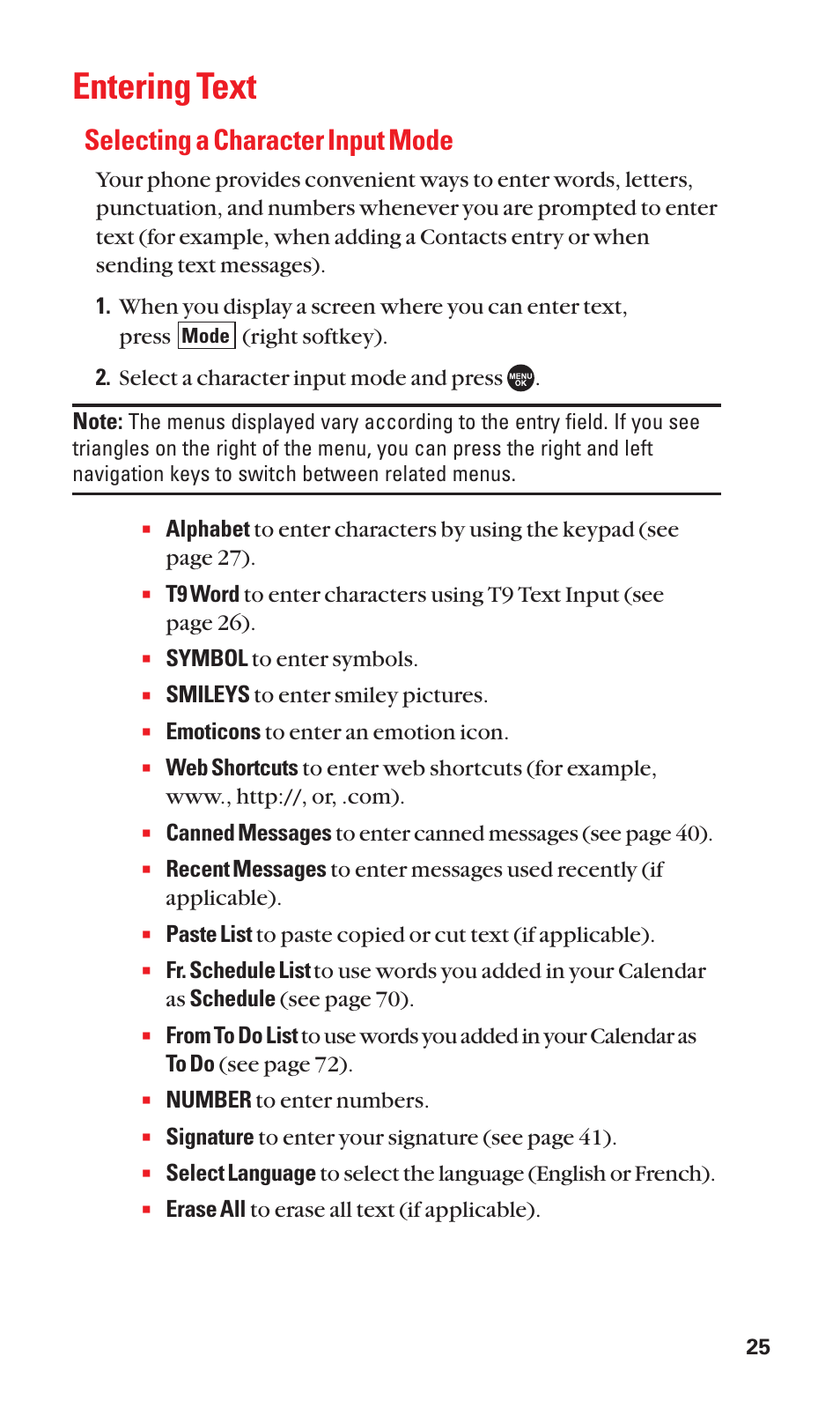 Entering text, Selecting a character input mode | Sanyo SCP-7050 User Manual | Page 33 / 139