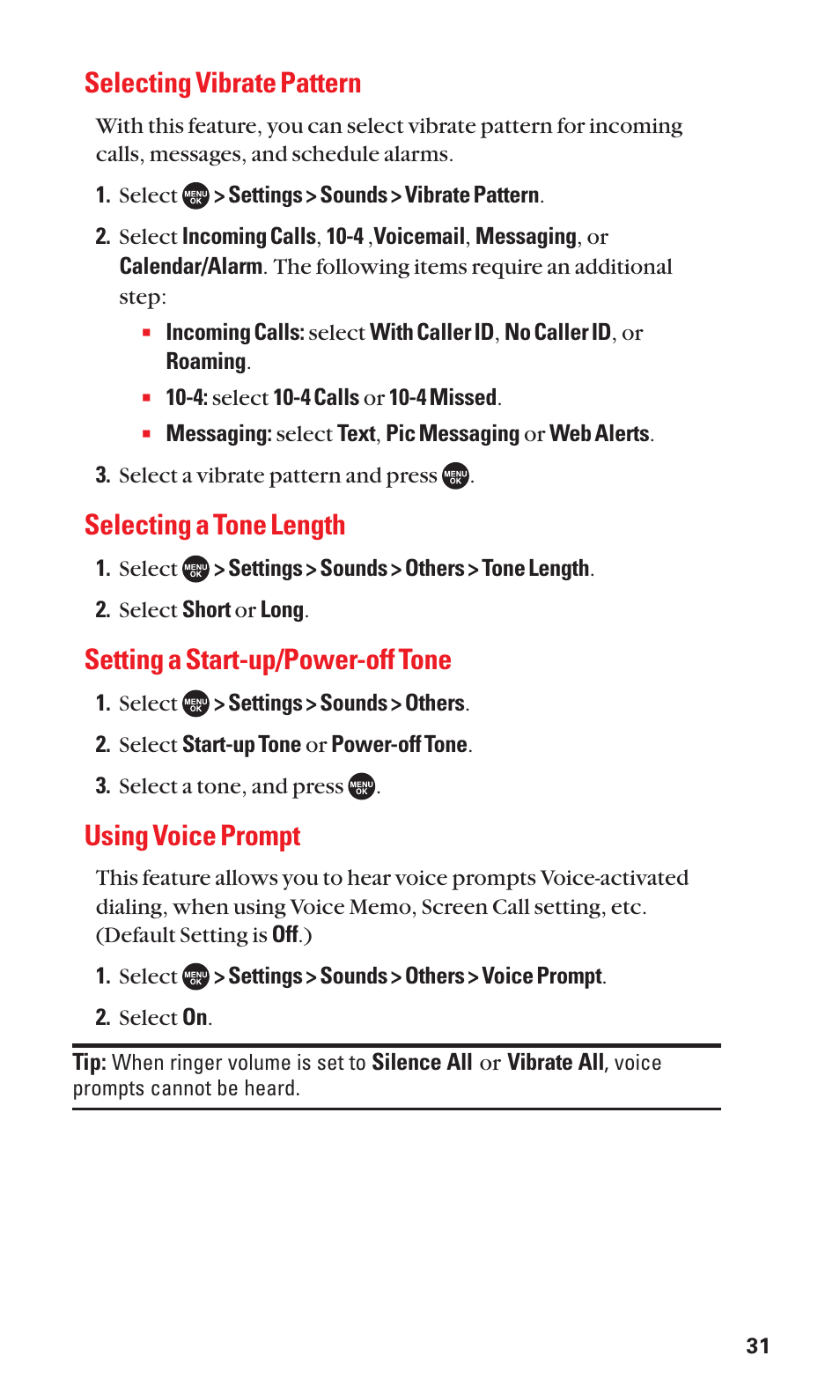Selecting vibrate pattern, Selecting a tone length, Setting a start-up/power-off tone | Using voice prompt | Sanyo SCP-7050 User Manual | Page 39 / 139