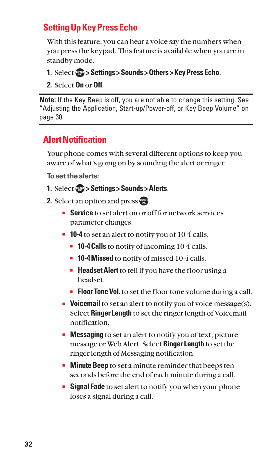 Setting up key press echo, Alert notification | Sanyo SCP-7050 User Manual | Page 40 / 139
