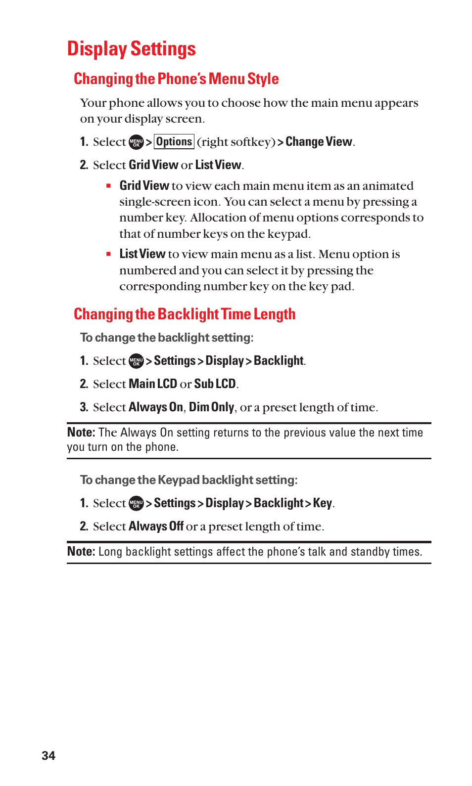 Display settings, Changing the phone’s menu style, Changing the backlight time length | Sanyo SCP-7050 User Manual | Page 42 / 139