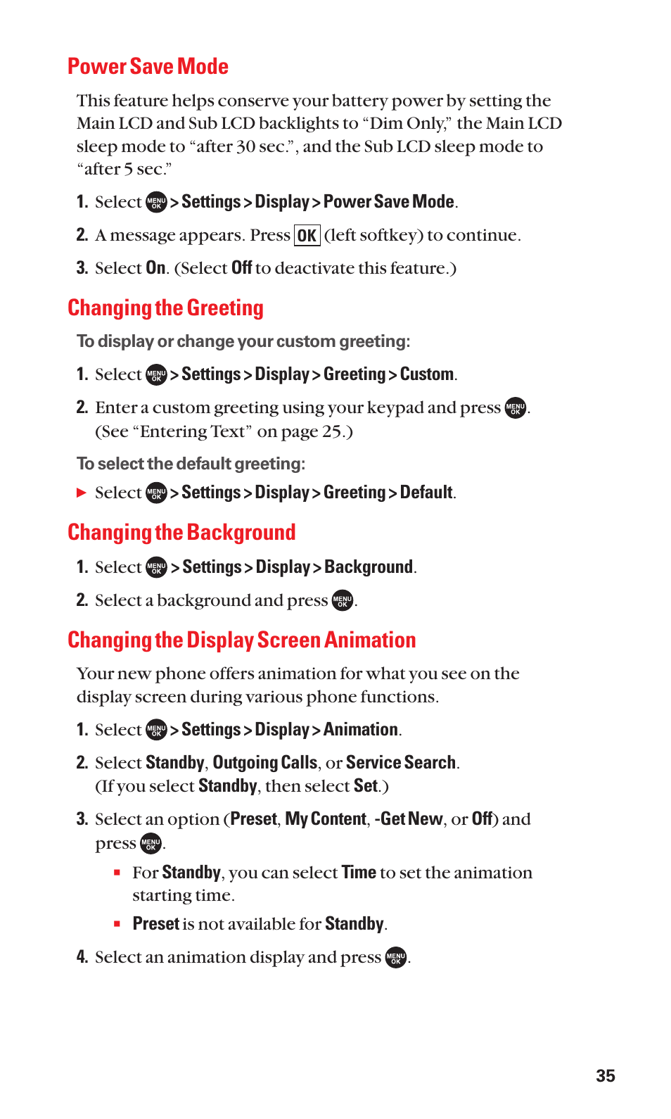 Power save mode, Changing the greeting, Changing the background | Changing the display screen animation | Sanyo SCP-7050 User Manual | Page 43 / 139