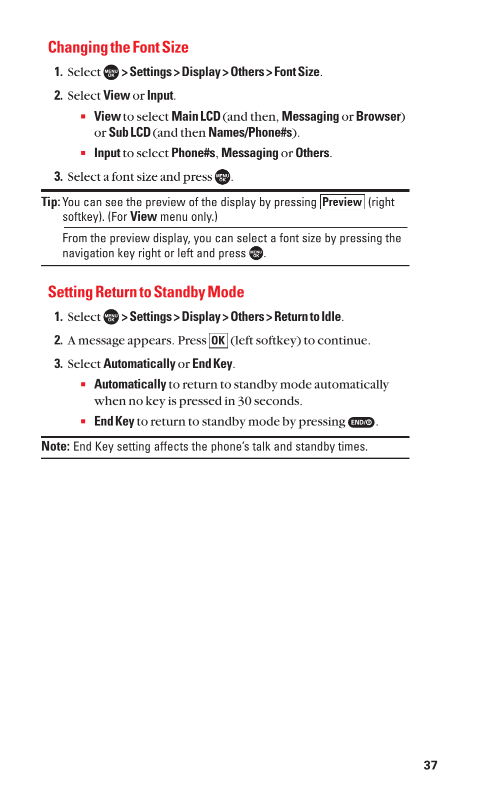 Changing the font size, Setting return to standby mode | Sanyo SCP-7050 User Manual | Page 45 / 139
