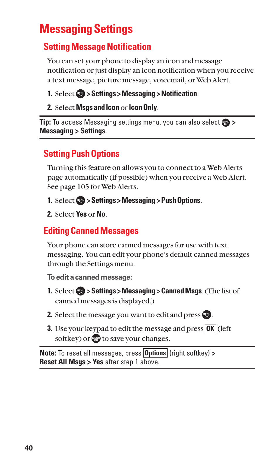 Messaging settings, Setting message notification, Setting push options | Editing canned messages | Sanyo SCP-7050 User Manual | Page 48 / 139