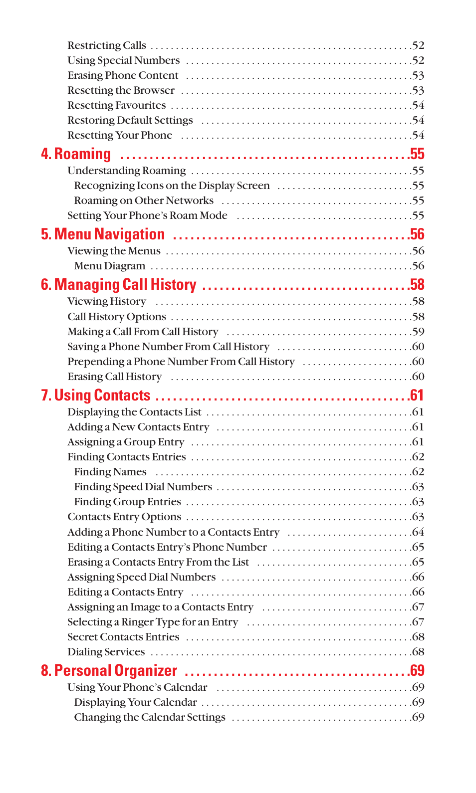 Roaming, Menu navigation, Managing call history | Using contacts, Personal organizer | Sanyo SCP-7050 User Manual | Page 5 / 139