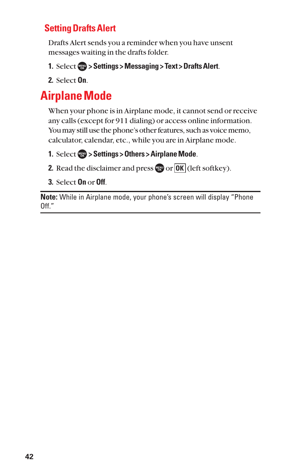 Airplane mode, Setting drafts alert | Sanyo SCP-7050 User Manual | Page 50 / 139