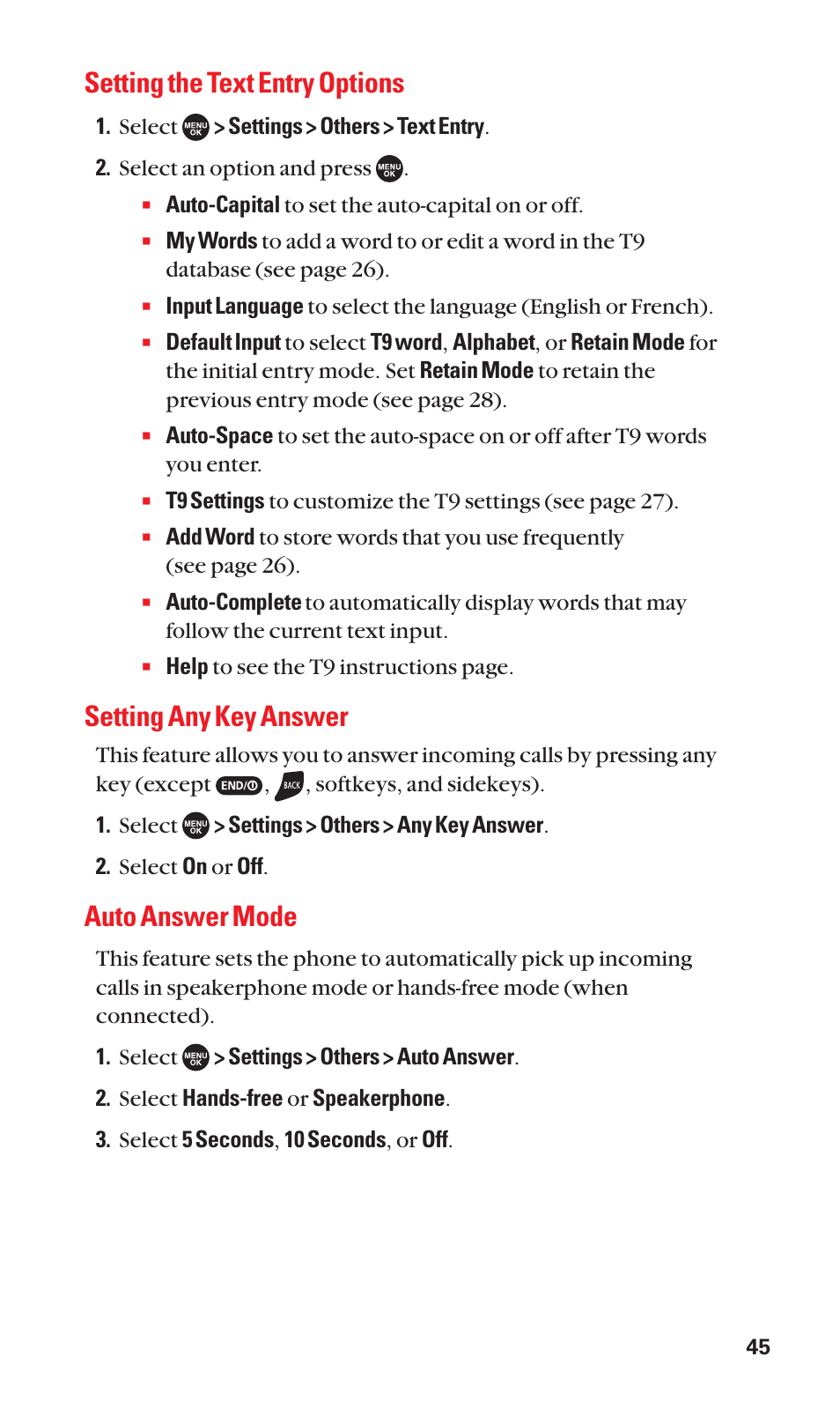 Setting the text entry options, Setting any key answer, Auto answer mode | Sanyo SCP-7050 User Manual | Page 53 / 139