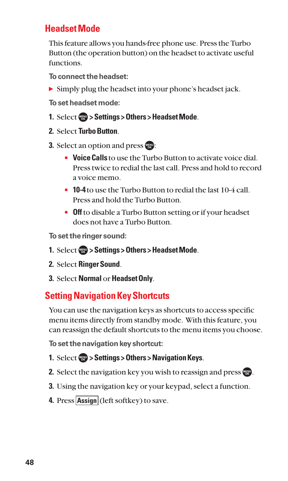 Headset mode, Setting navigation key shortcuts | Sanyo SCP-7050 User Manual | Page 56 / 139