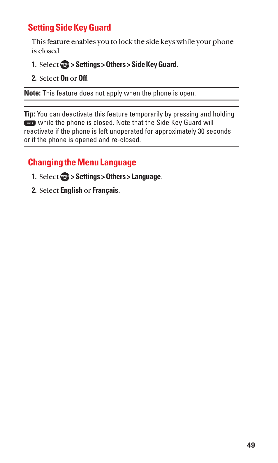 Setting side key guard, Changing the menu language | Sanyo SCP-7050 User Manual | Page 57 / 139