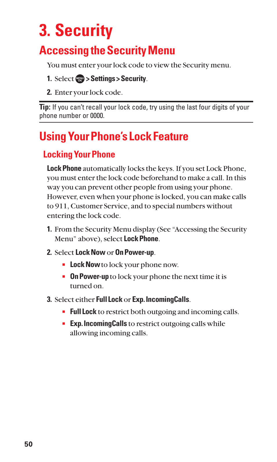 Security, Accessing the security menu, Using your phone’s lock feature | Locking your phone | Sanyo SCP-7050 User Manual | Page 58 / 139