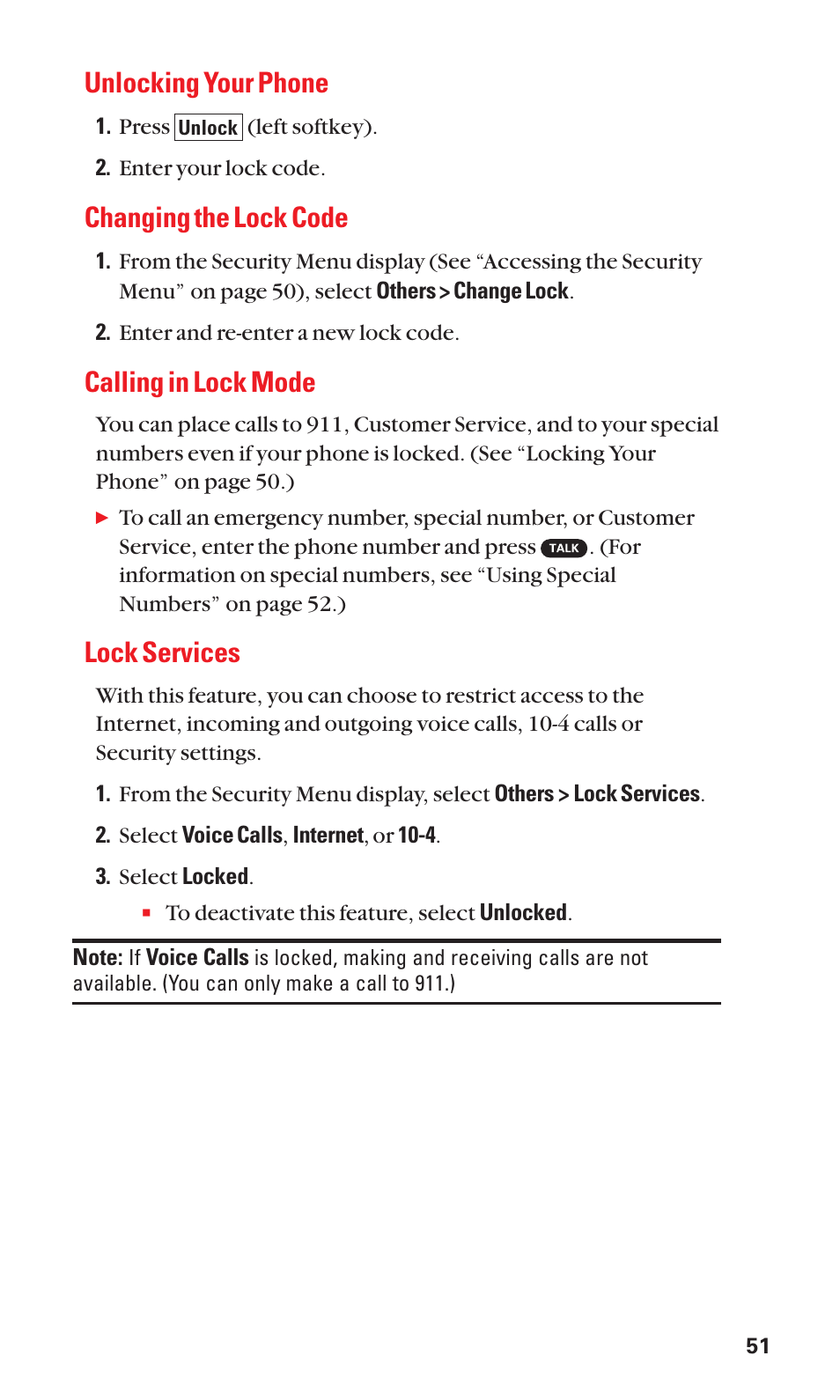 Unlocking your phone, Changing the lock code, Calling in lock mode | Lock services | Sanyo SCP-7050 User Manual | Page 59 / 139