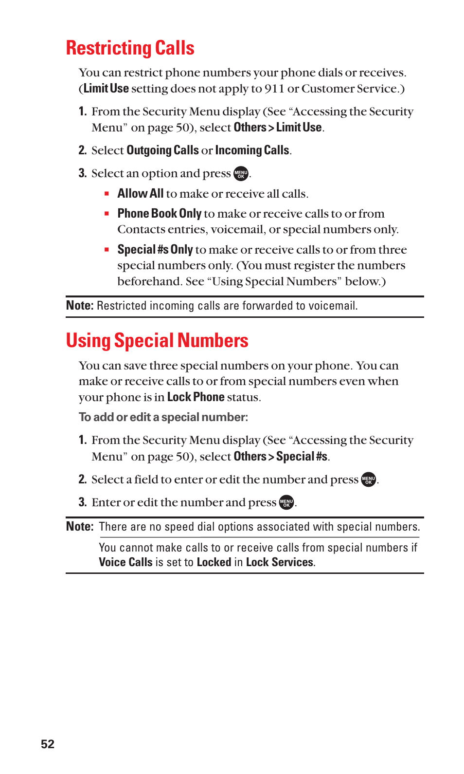 Restricting calls, Using special numbers | Sanyo SCP-7050 User Manual | Page 60 / 139