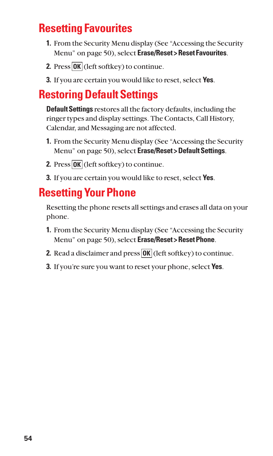 Resetting favourites, Restoring default settings, Resetting your phone | Sanyo SCP-7050 User Manual | Page 62 / 139