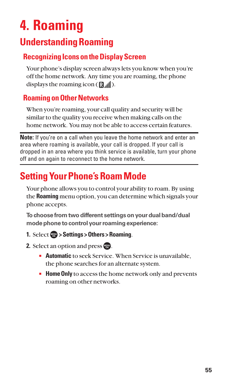 Roaming, Understanding roaming, Setting your phone’s roam mode | Recognizing icons on the display screen, Roaming on other networks | Sanyo SCP-7050 User Manual | Page 63 / 139