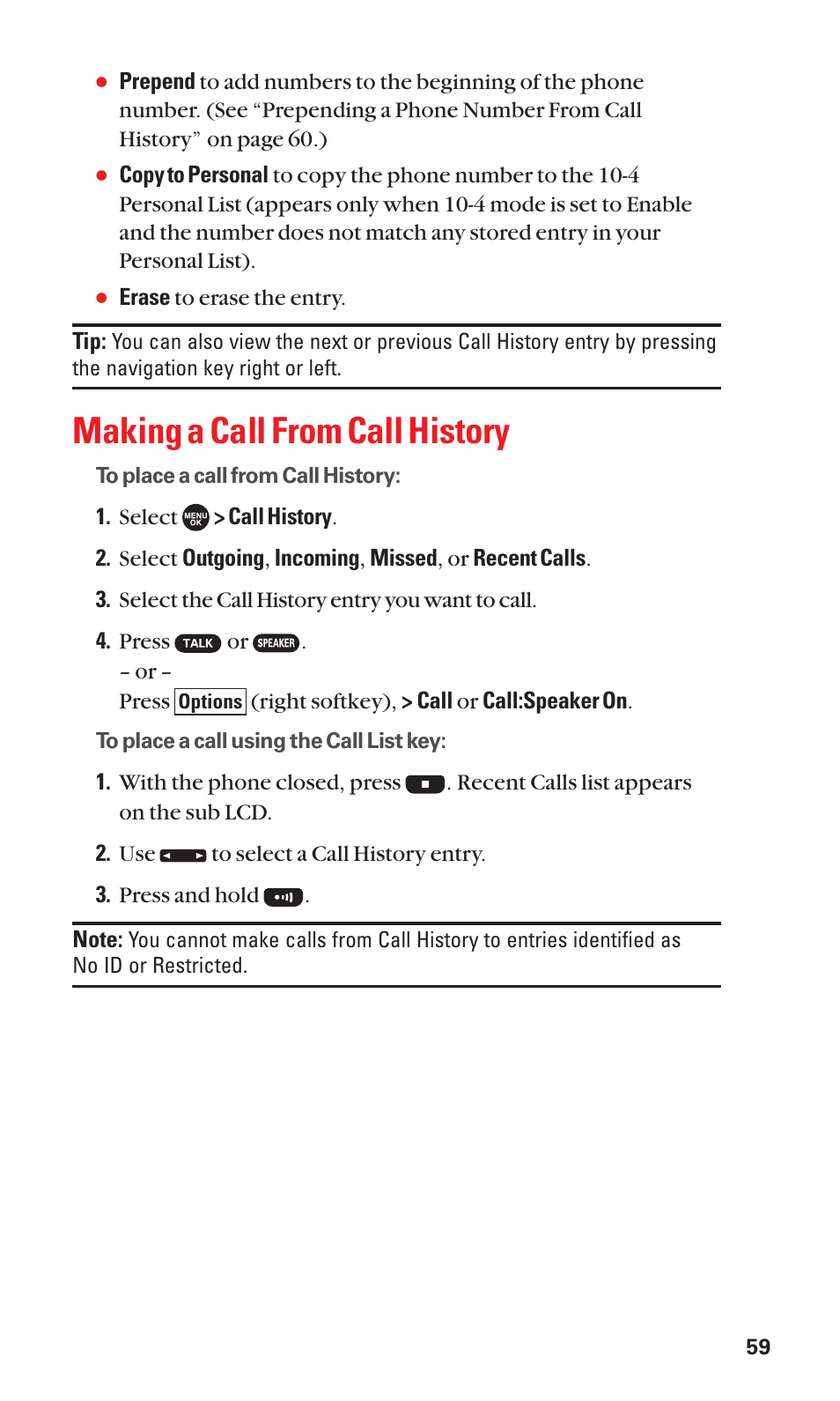 Making a call from call history | Sanyo SCP-7050 User Manual | Page 67 / 139