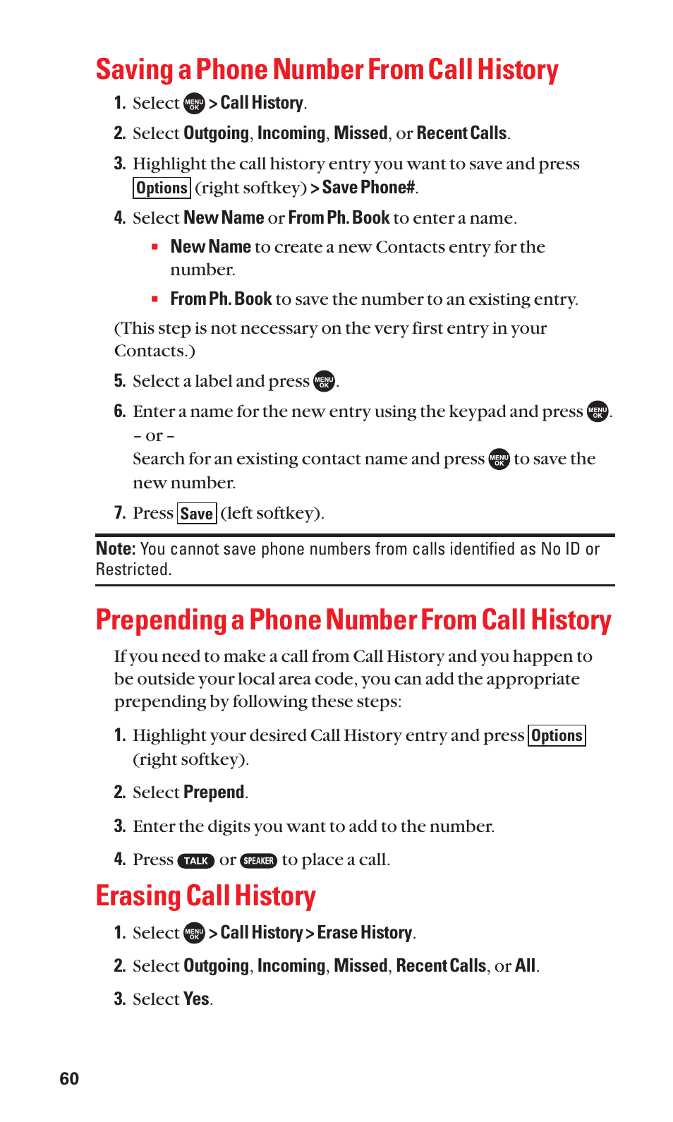 Saving a phone number from call history, Prepending a phone number from call history, Erasing call history | Sanyo SCP-7050 User Manual | Page 68 / 139