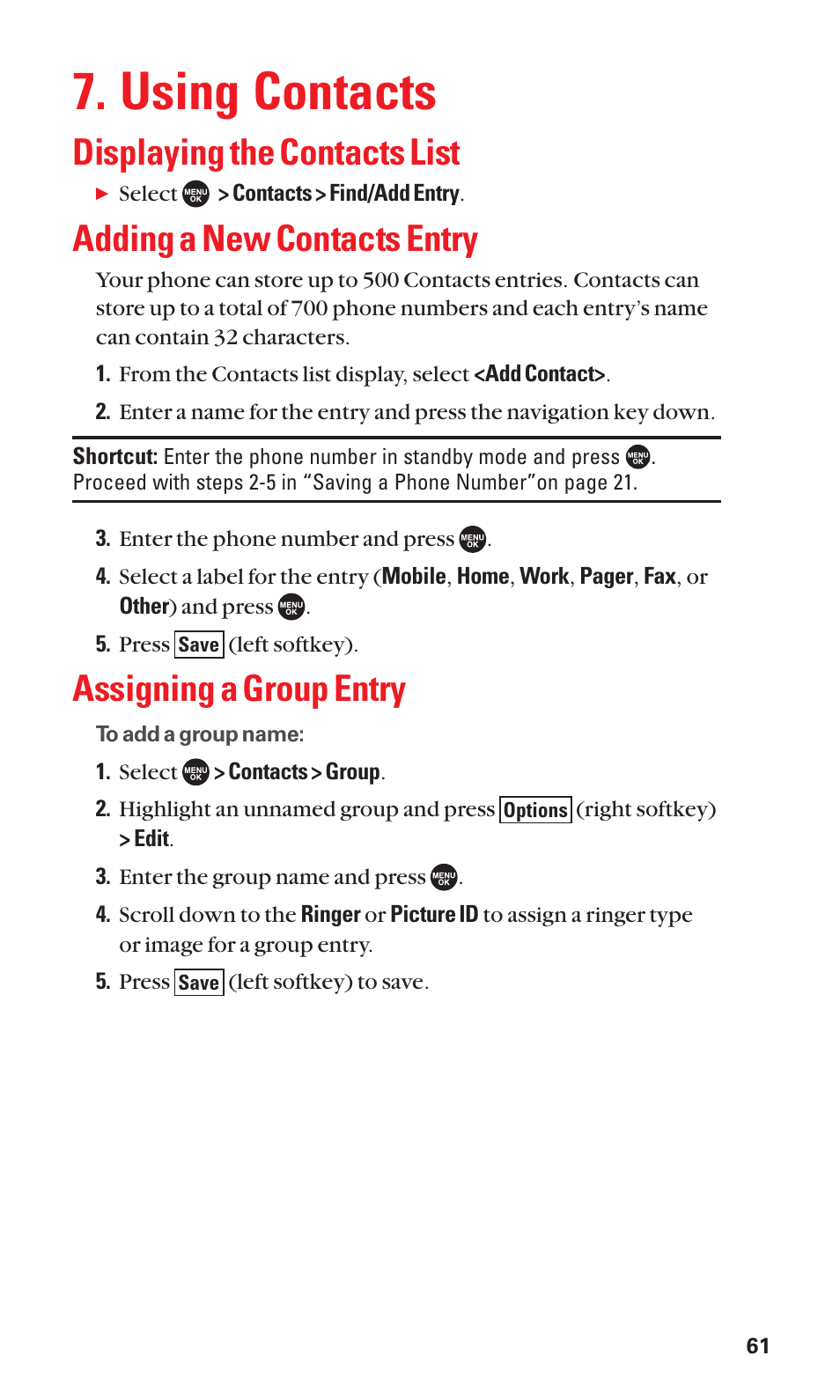 Using contacts, Displaying the contacts list, Adding a new contacts entry | Assigning a group entry | Sanyo SCP-7050 User Manual | Page 69 / 139