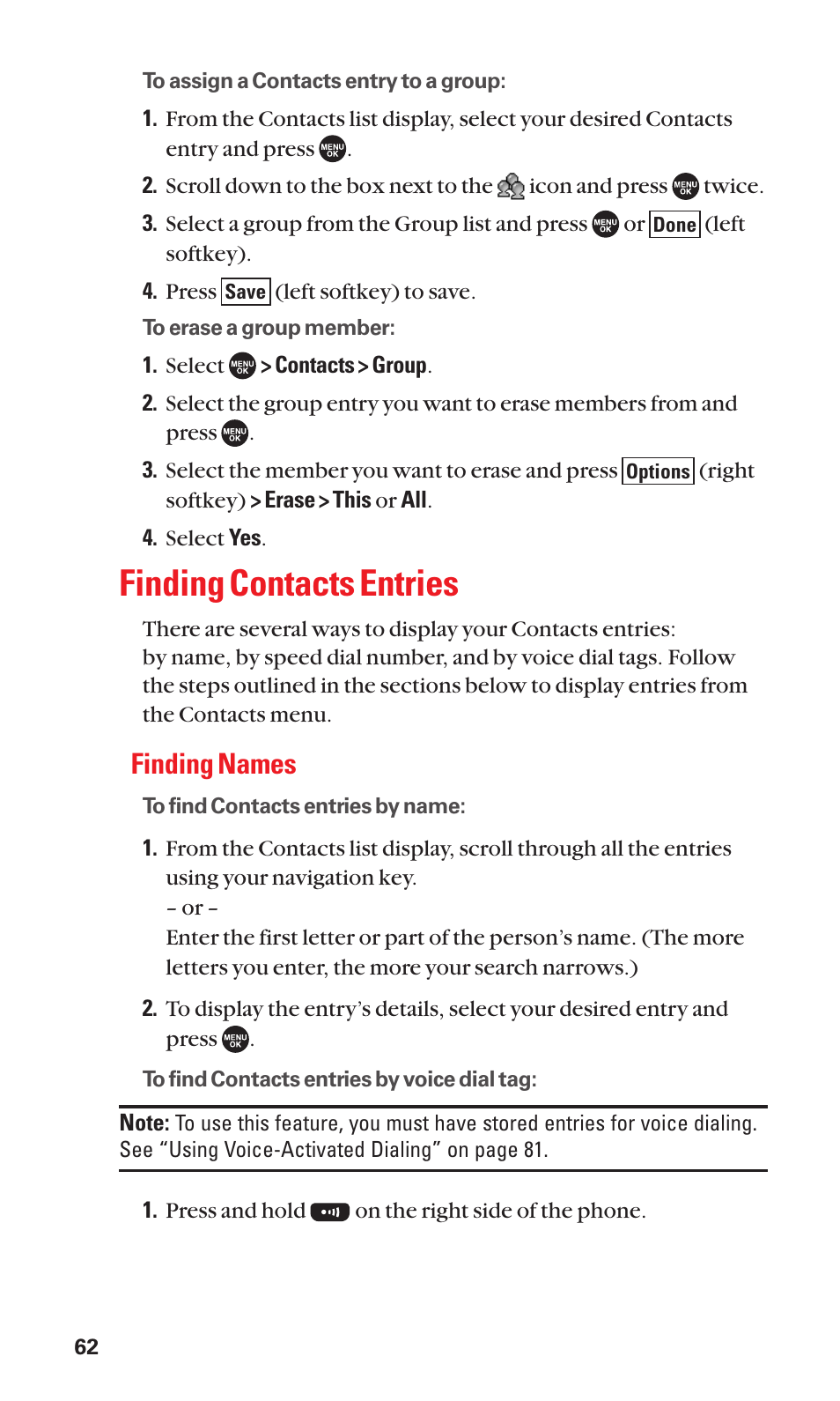Finding contacts entries, Finding names | Sanyo SCP-7050 User Manual | Page 70 / 139