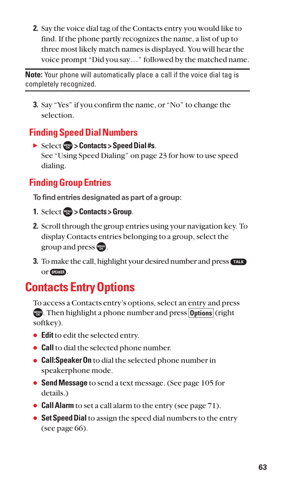 Contacts entry options, Finding speed dial numbers, Finding group entries | Sanyo SCP-7050 User Manual | Page 71 / 139