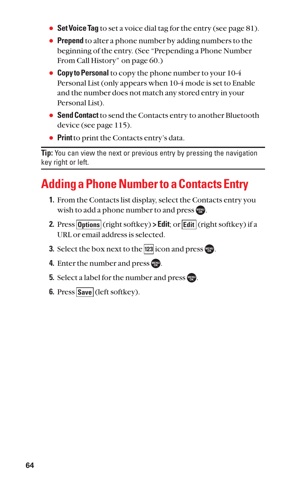 Adding a phone number to a contacts entry | Sanyo SCP-7050 User Manual | Page 72 / 139