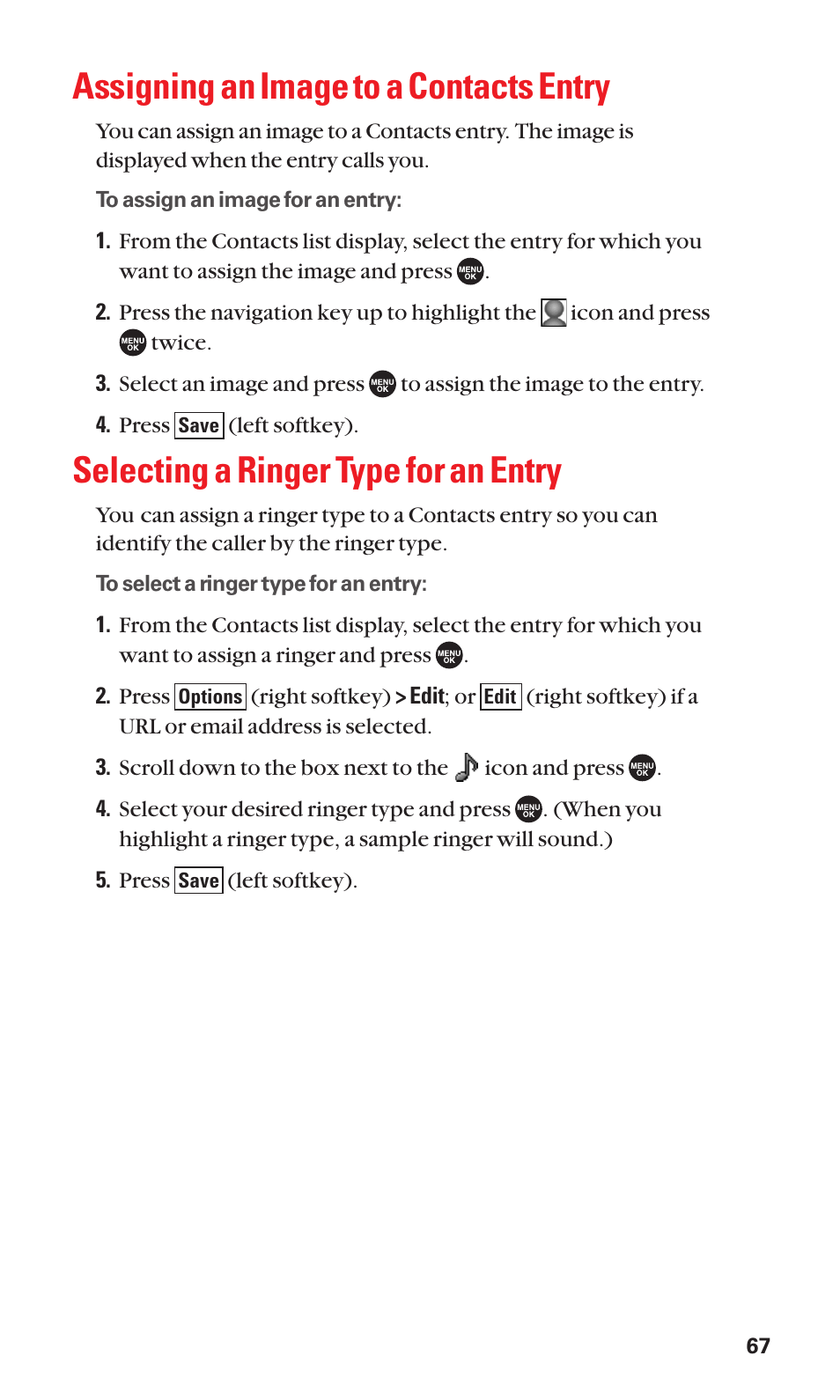Assigning an image to a contacts entry, Selecting a ringer type for an entry | Sanyo SCP-7050 User Manual | Page 75 / 139