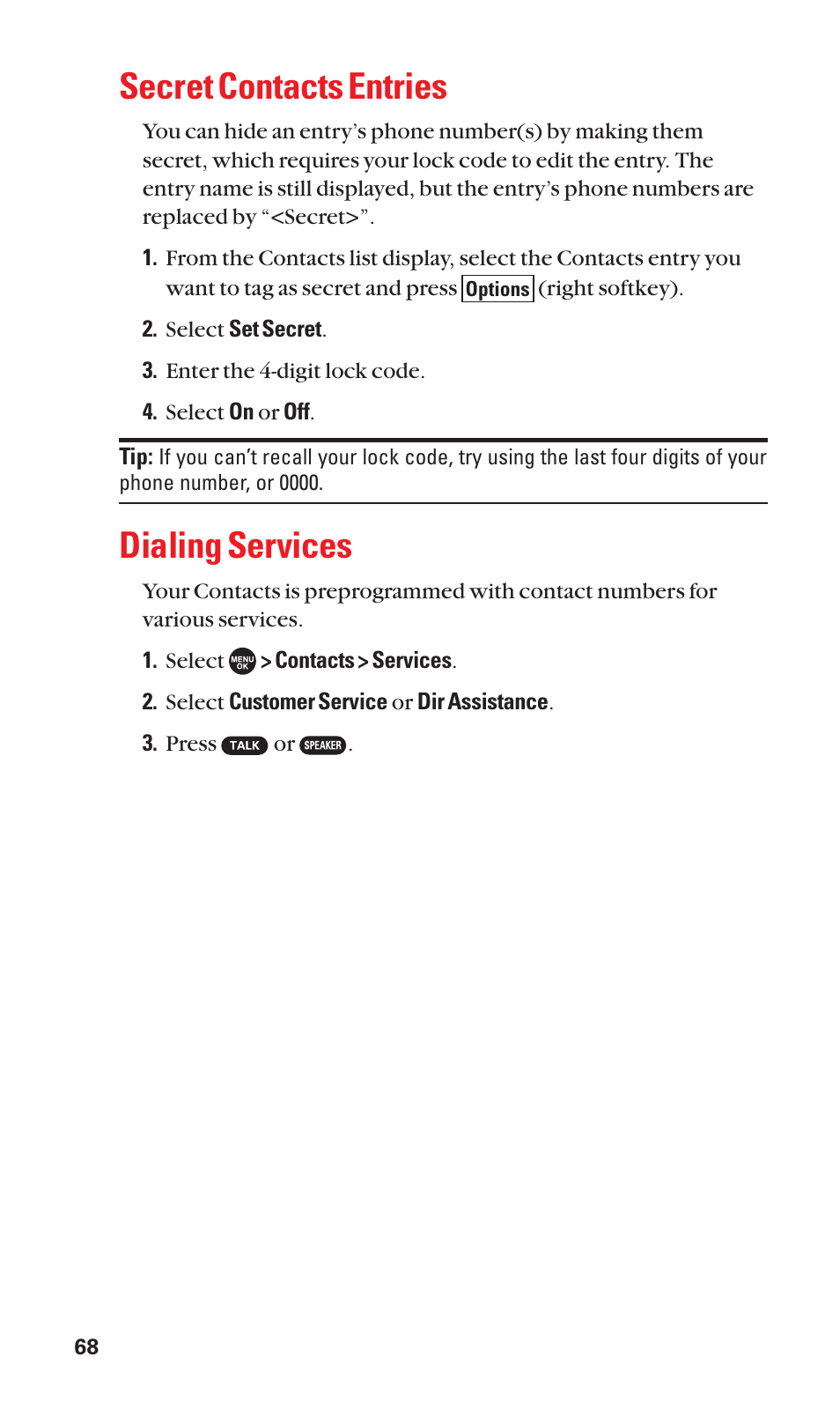 Secret contacts entries, Dialing services | Sanyo SCP-7050 User Manual | Page 76 / 139