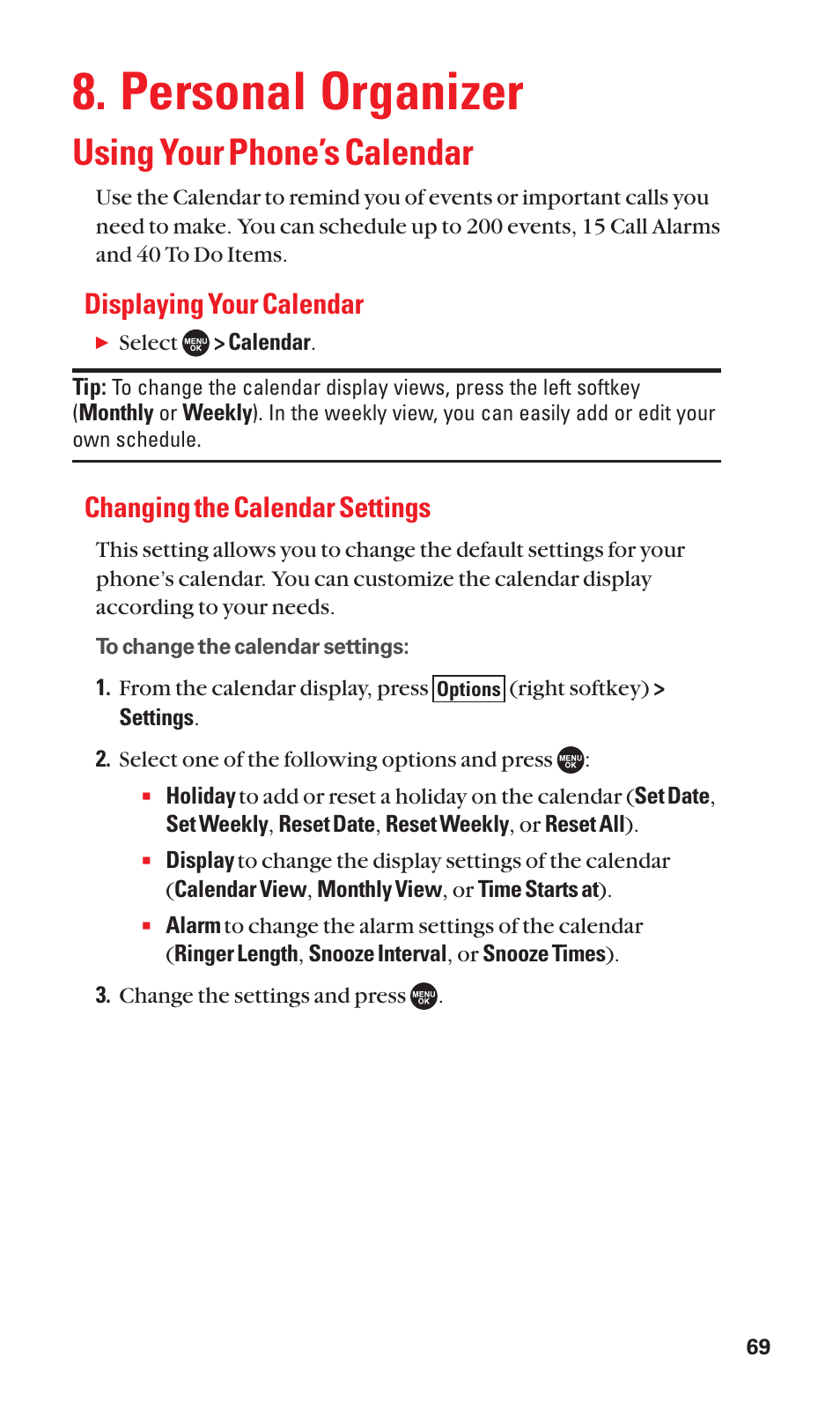 Personal organizer, Using your phone’s calendar, Displaying your calendar | Changing the calendar settings | Sanyo SCP-7050 User Manual | Page 77 / 139