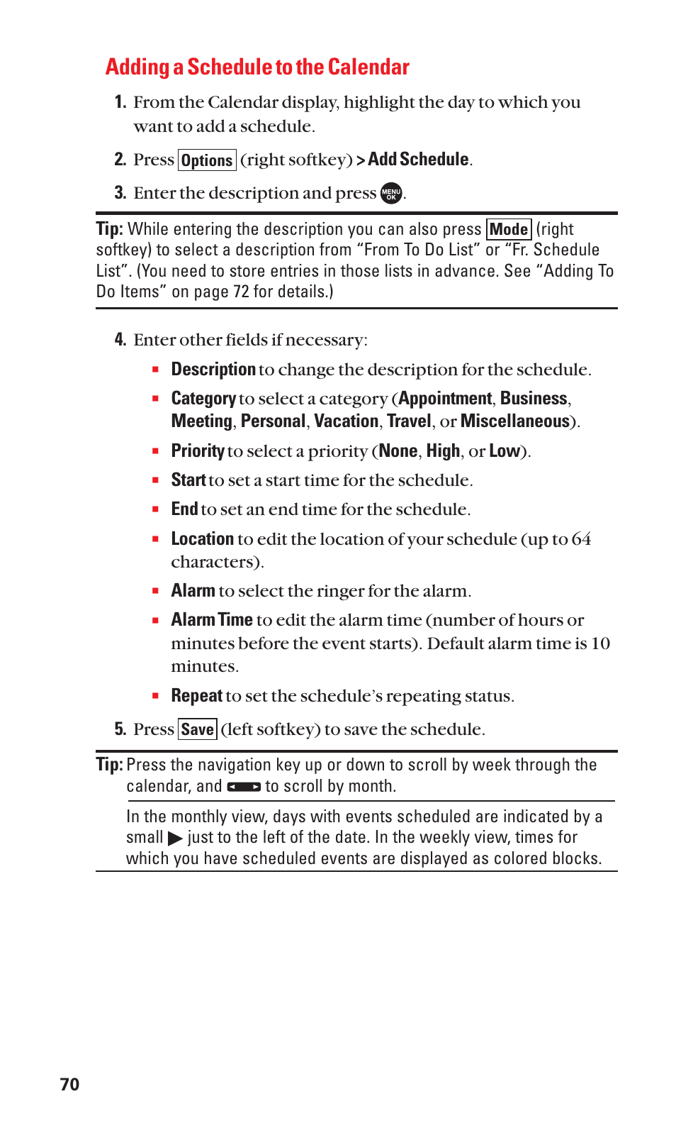 Adding a schedule to the calendar | Sanyo SCP-7050 User Manual | Page 78 / 139