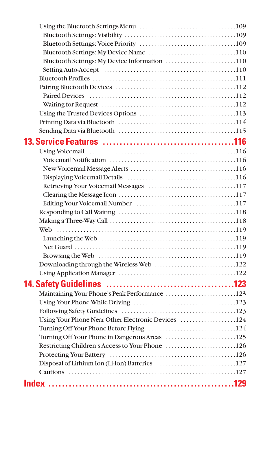 Service features, Safety guidelines, Index | Sanyo SCP-7050 User Manual | Page 8 / 139