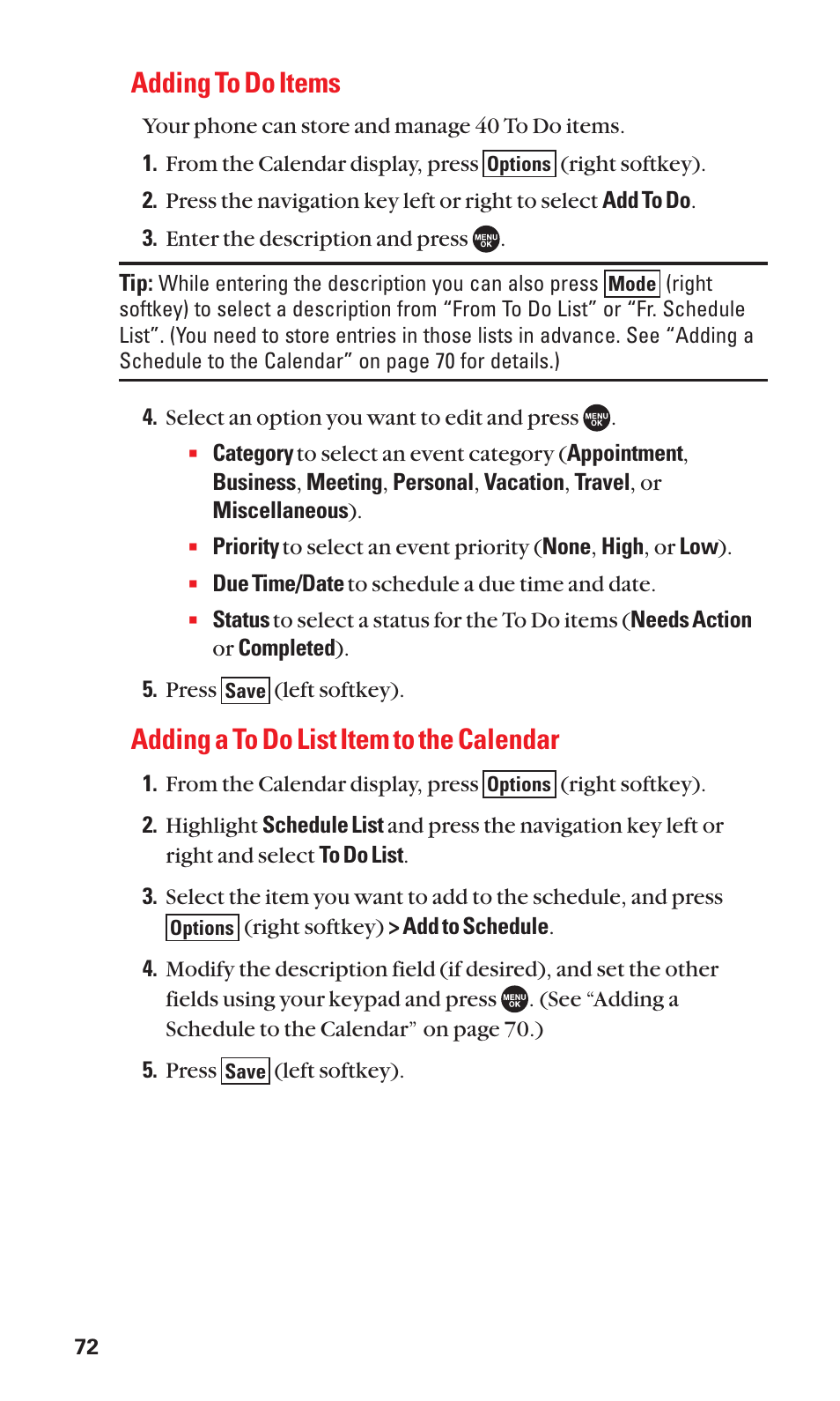 Adding to do items, Adding a to do list item to the calendar | Sanyo SCP-7050 User Manual | Page 80 / 139