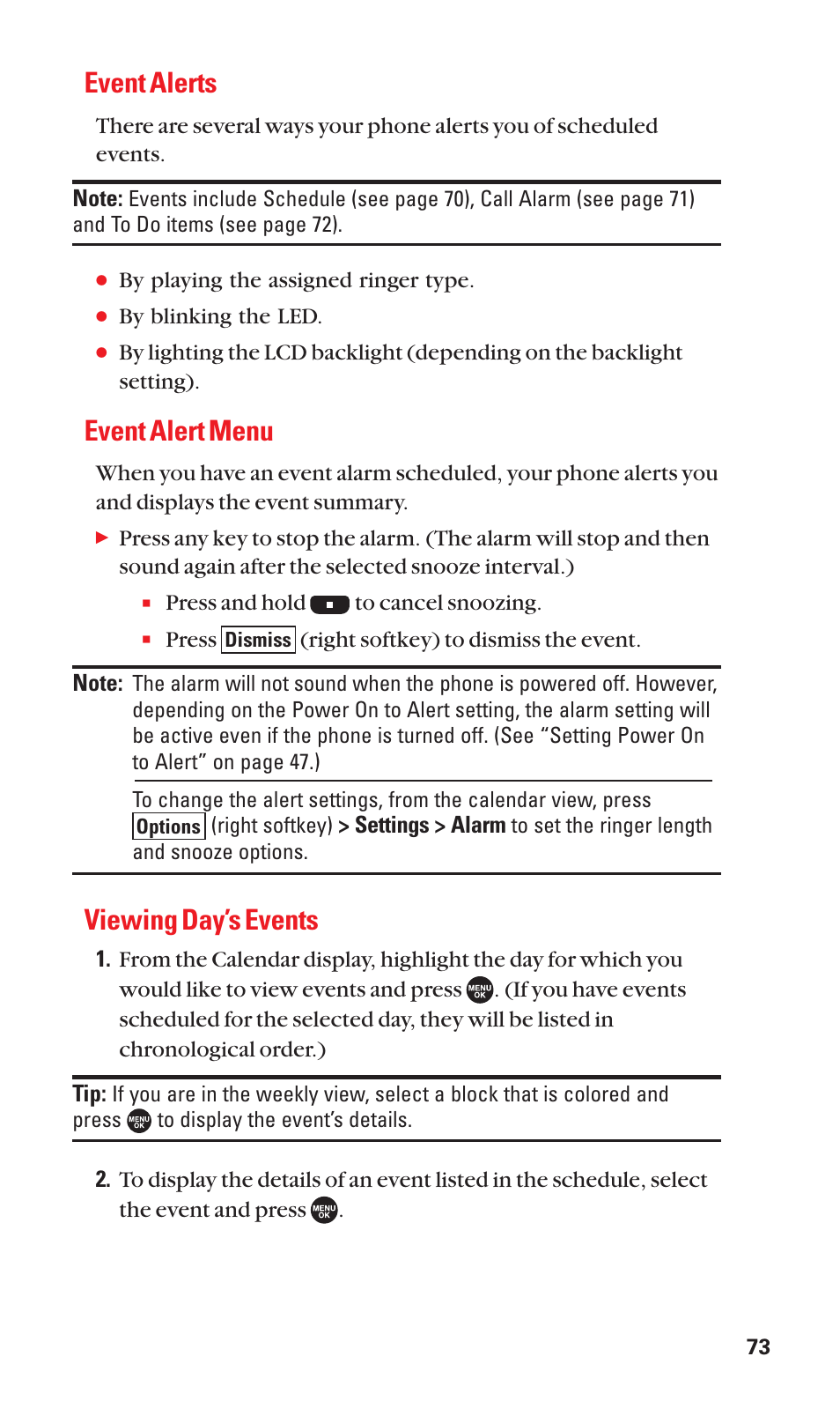 Event alerts, Event alert menu, Viewing day’s events | Sanyo SCP-7050 User Manual | Page 81 / 139