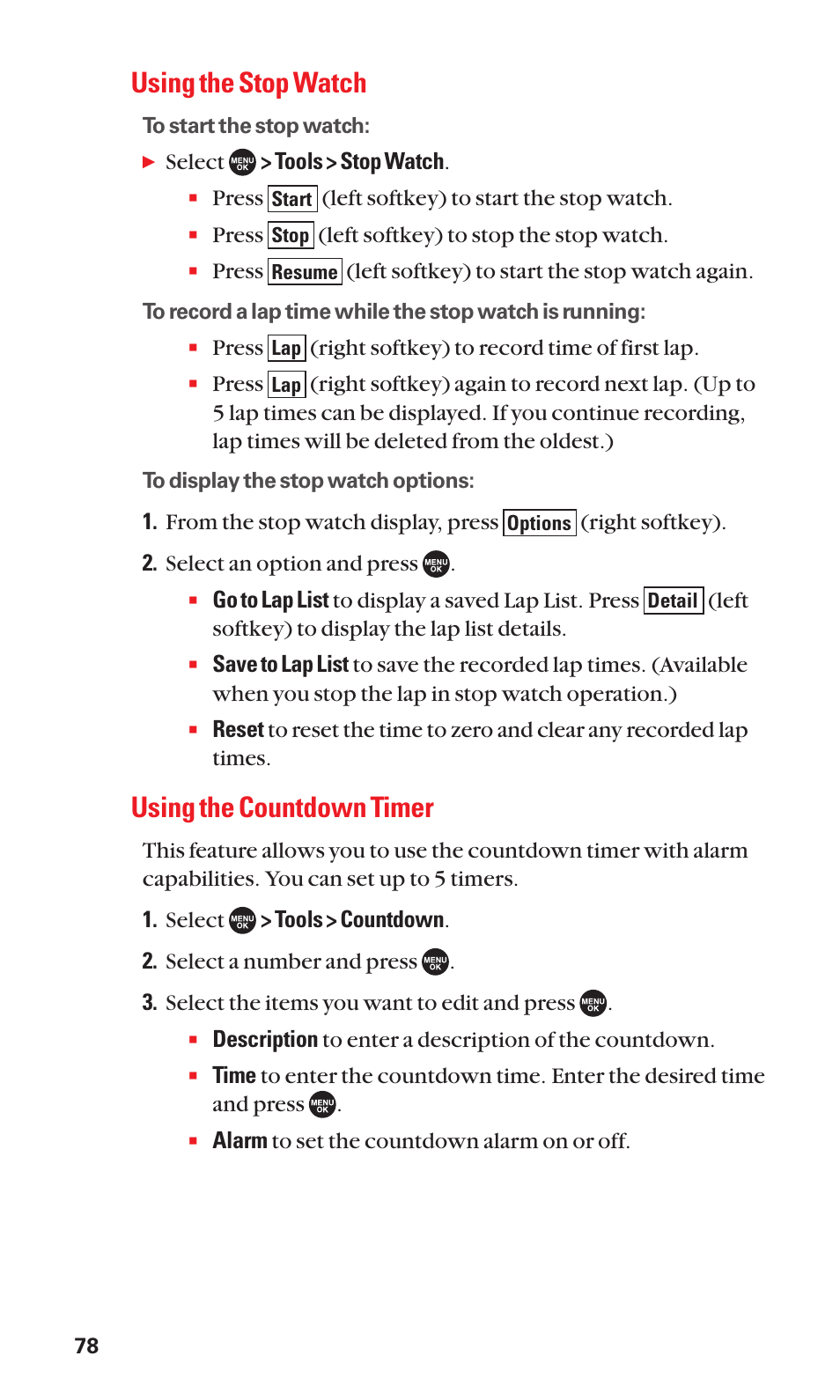 Using the stop watch, Using the countdown timer | Sanyo SCP-7050 User Manual | Page 86 / 139