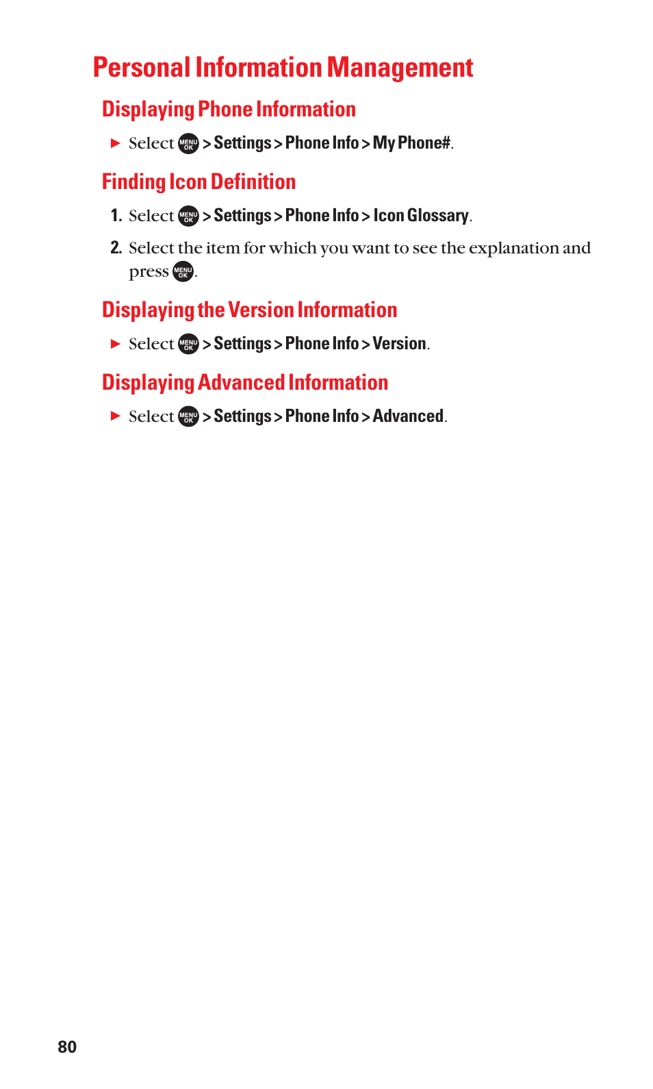 Personal information management, Displaying phone information, Finding icon definition | Displaying the version information, Displaying advanced information | Sanyo SCP-7050 User Manual | Page 88 / 139