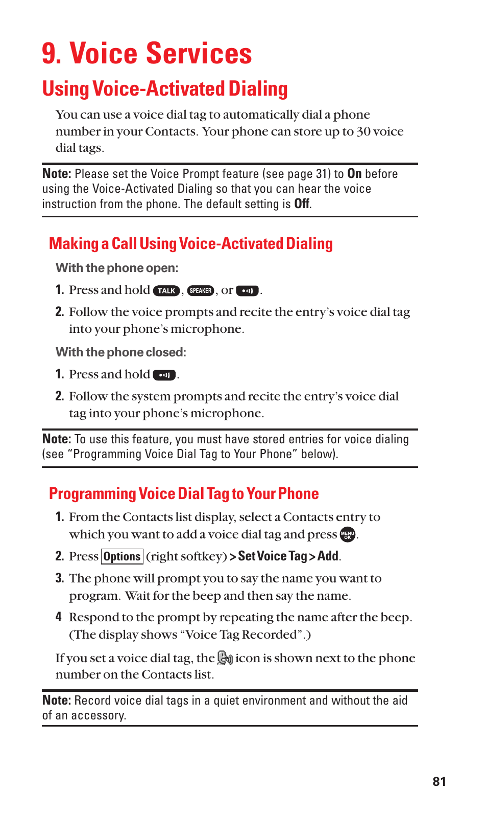 Voice services, Using voice-activated dialing, Making a call using voice-activated dialing | Programming voice dial tag to your phone | Sanyo SCP-7050 User Manual | Page 89 / 139
