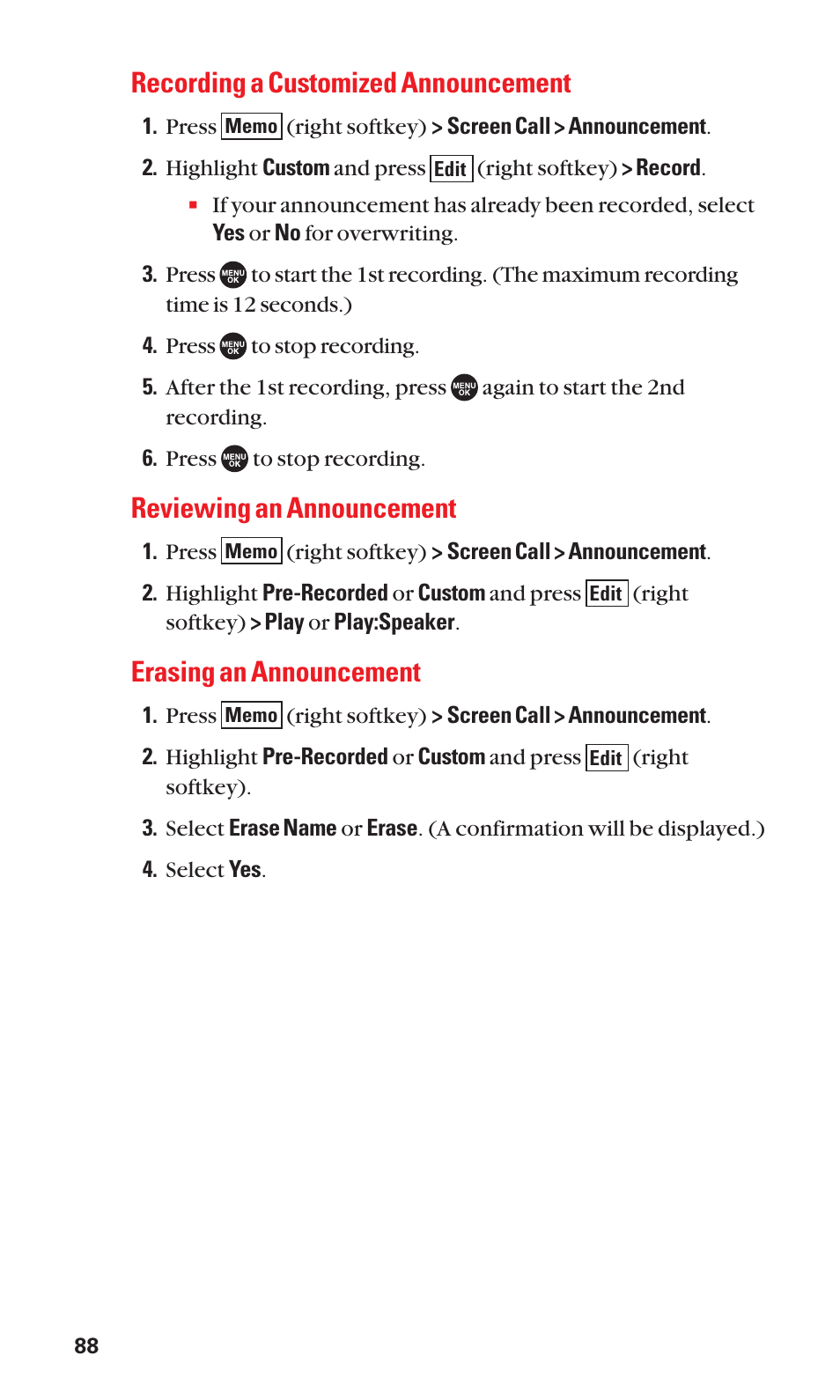 Recording a customized announcement, Reviewing an announcement, Erasing an announcement | Sanyo SCP-7050 User Manual | Page 96 / 139