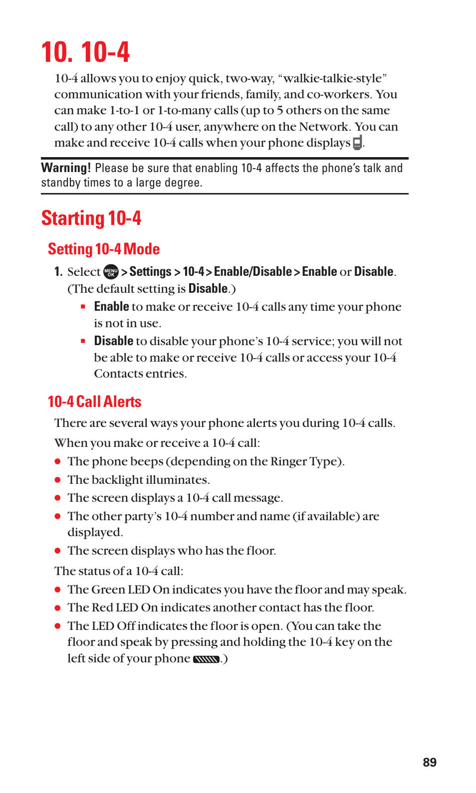 Starting 10-4, Setting 10-4 mode, 4 call alerts | Sanyo SCP-7050 User Manual | Page 97 / 139