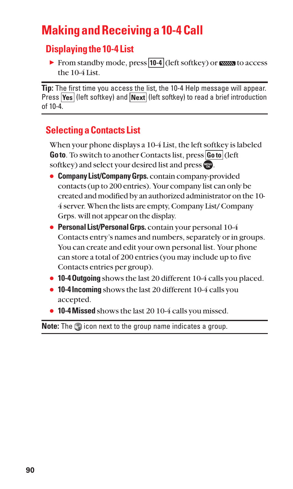 Making and receiving a 10-4 call, Displaying the 10-4 list, Selecting a contacts list | Sanyo SCP-7050 User Manual | Page 98 / 139