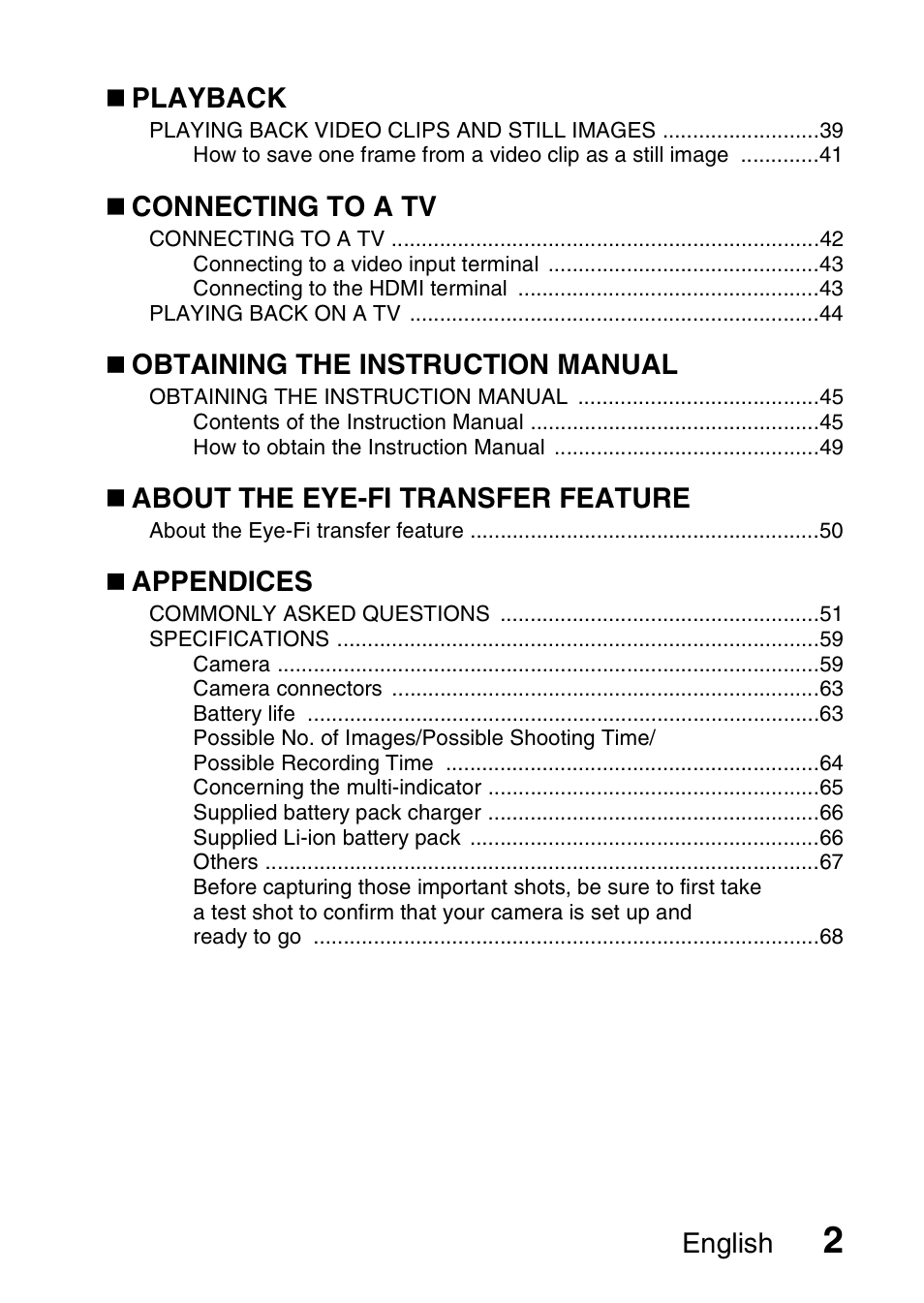 English, Playback, Connecting to a tv | Obtaining the instruction manual, About the eye-fi transfer feature, Appendices | Sanyo VPC-CS1EX User Manual | Page 25 / 92