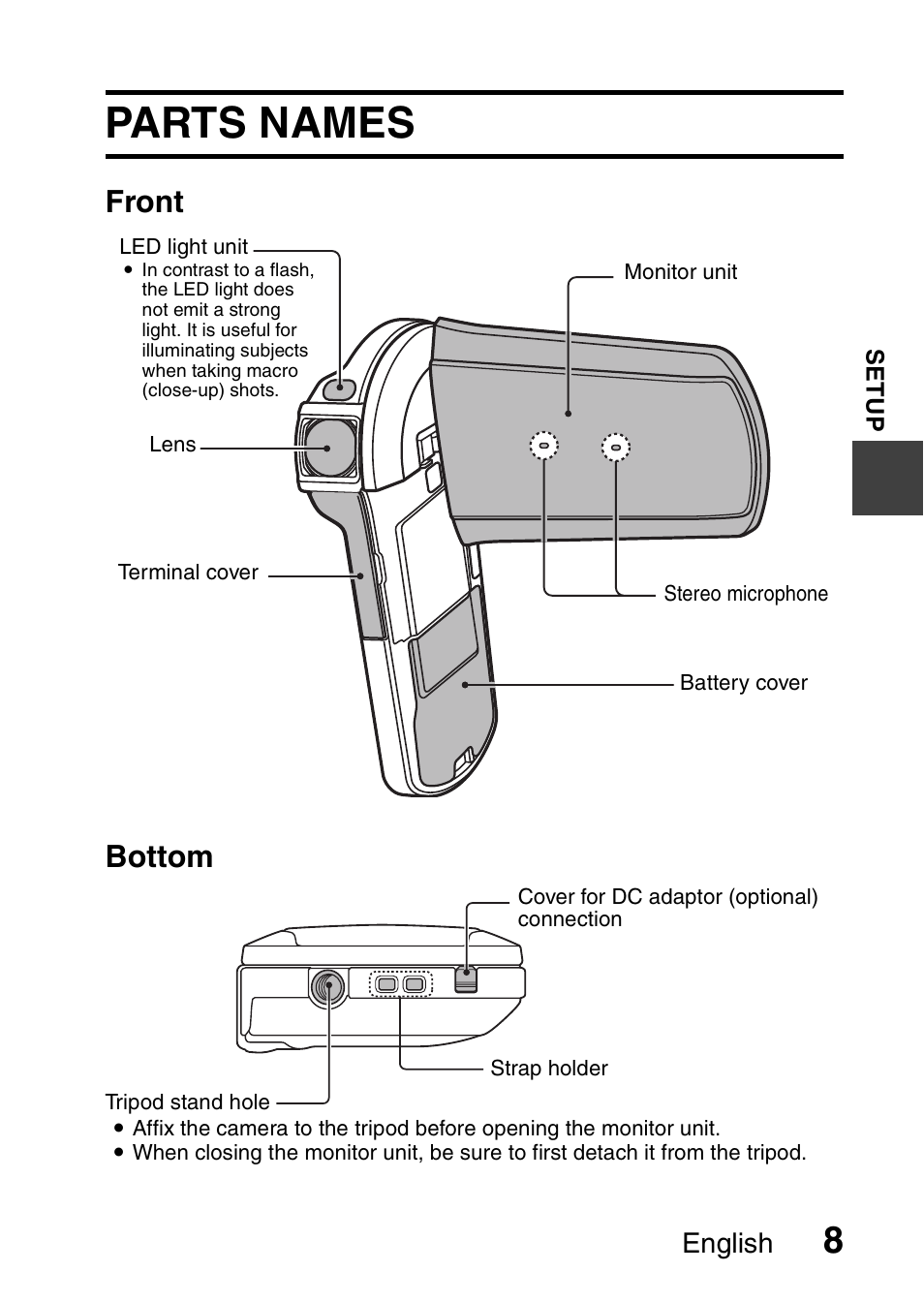 Setup, Parts names, Front bottom | English | Sanyo VPC-CS1EX User Manual | Page 31 / 92