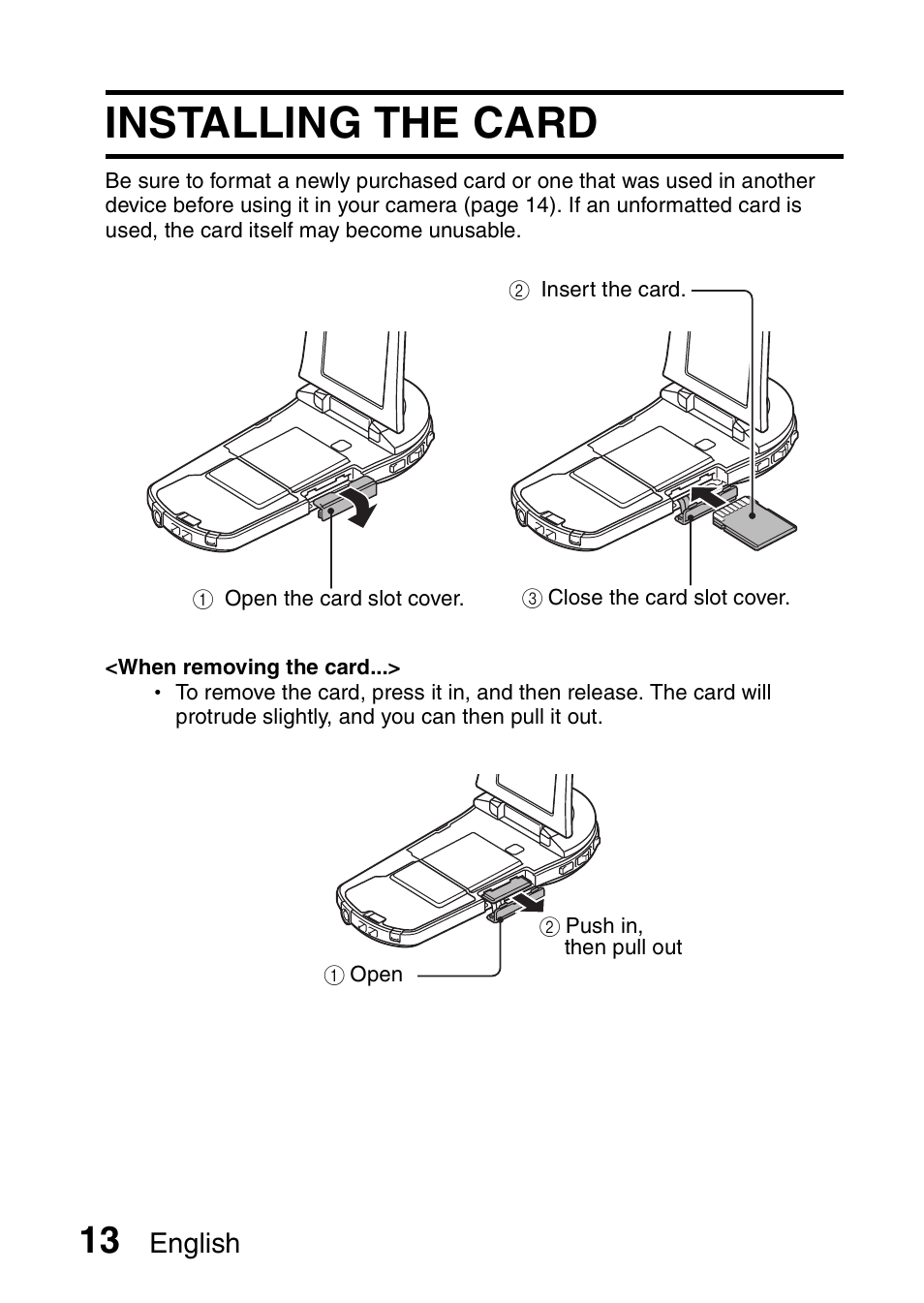 Installing the card, English | Sanyo VPC-CS1EX User Manual | Page 36 / 92