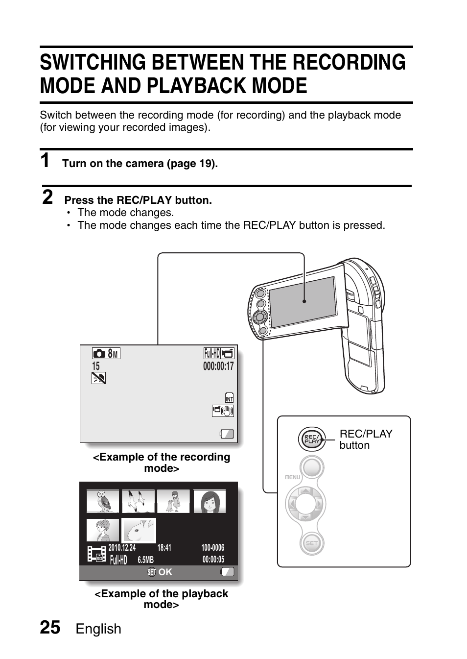 Switching between the recording mode and playback, Mode, English | Sanyo VPC-CS1EX User Manual | Page 48 / 92