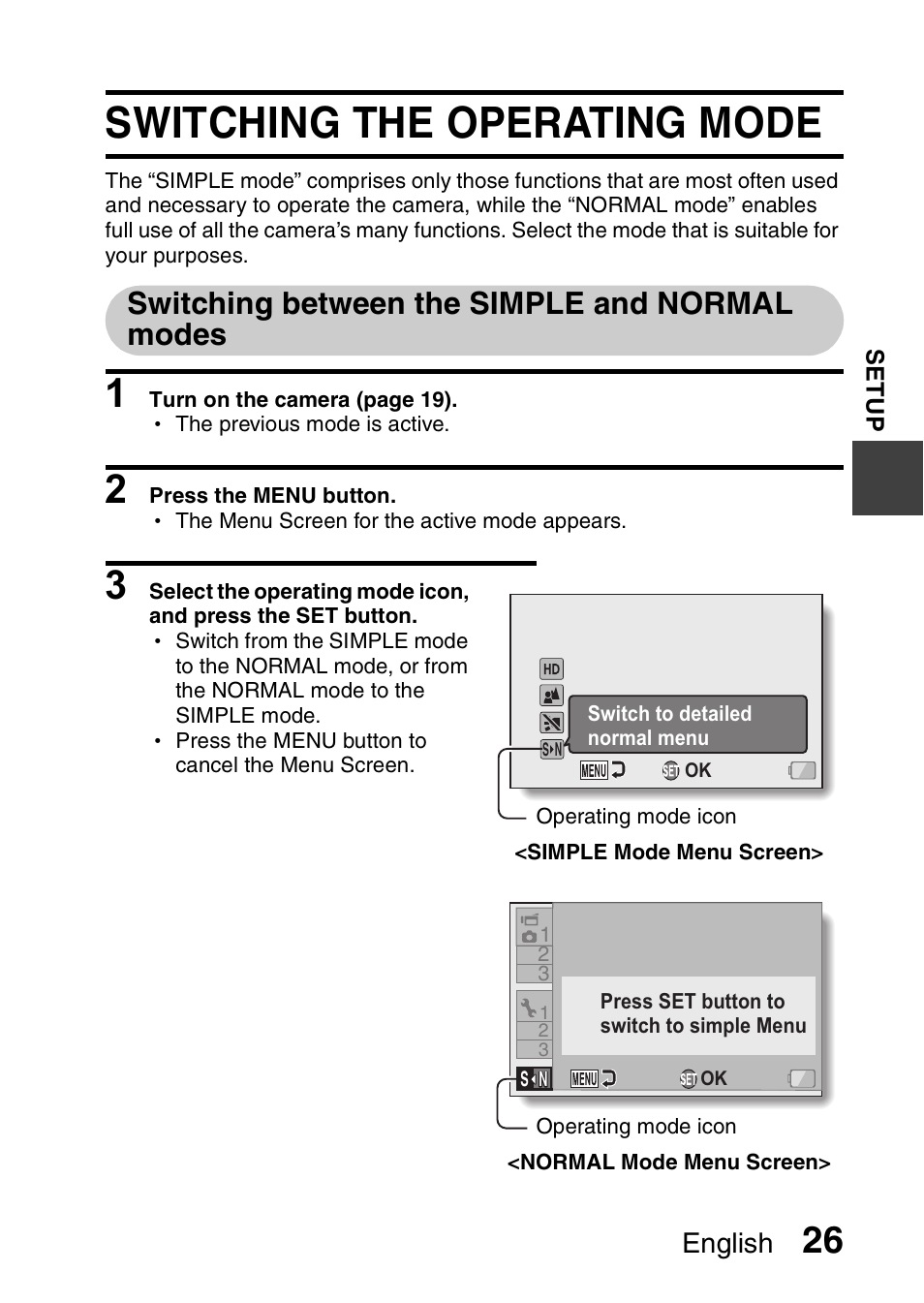 Switching the operating mode, Switching between the simple and normal modes, English | Sanyo VPC-CS1EX User Manual | Page 49 / 92