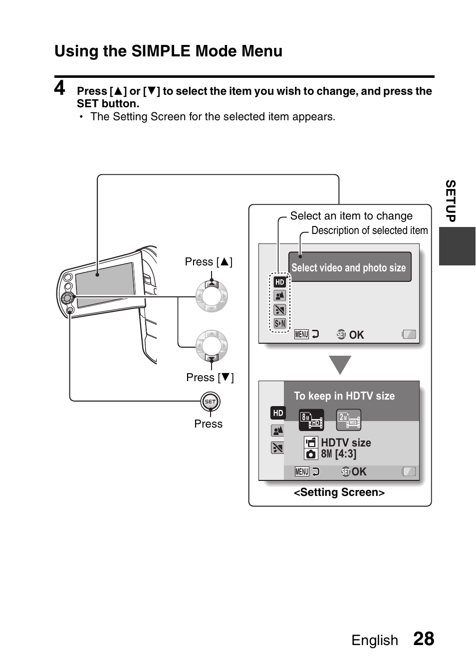 Using the simple mode menu, English | Sanyo VPC-CS1EX User Manual | Page 51 / 92